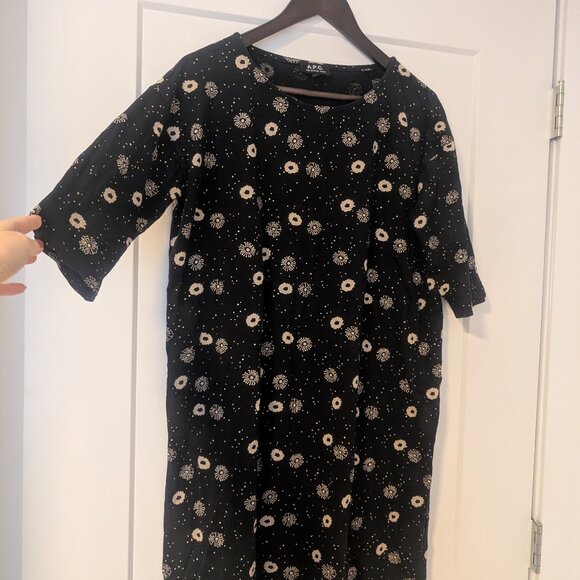 A.P.C. Rue Madame Paris Black Floral Cotton T Shirt Dress Lagenlook Galaxy - Picture 2 of 8